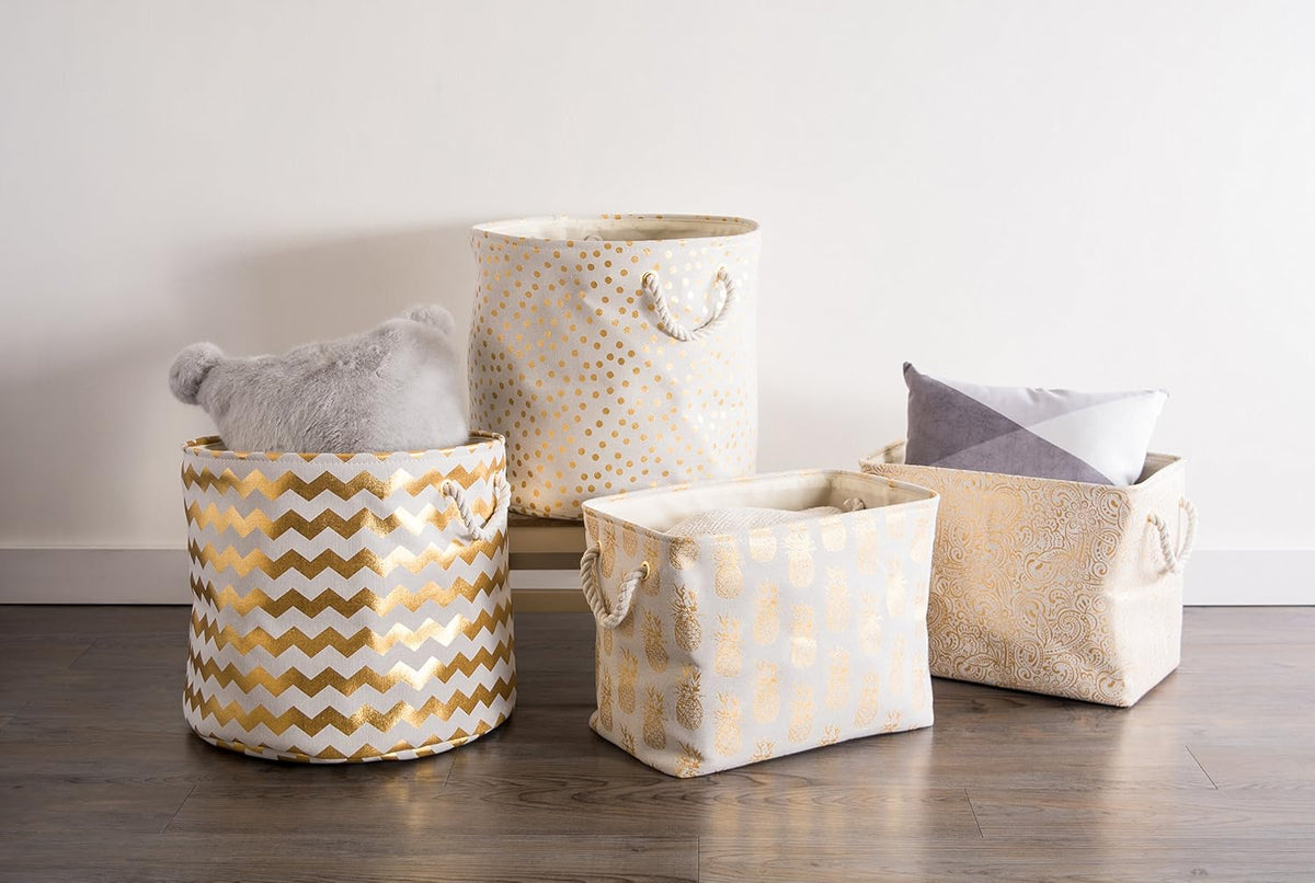 DII Polyester Storage Bin, Gold Metallic Collection Collapsible with Handles, Large Round, Pineapple