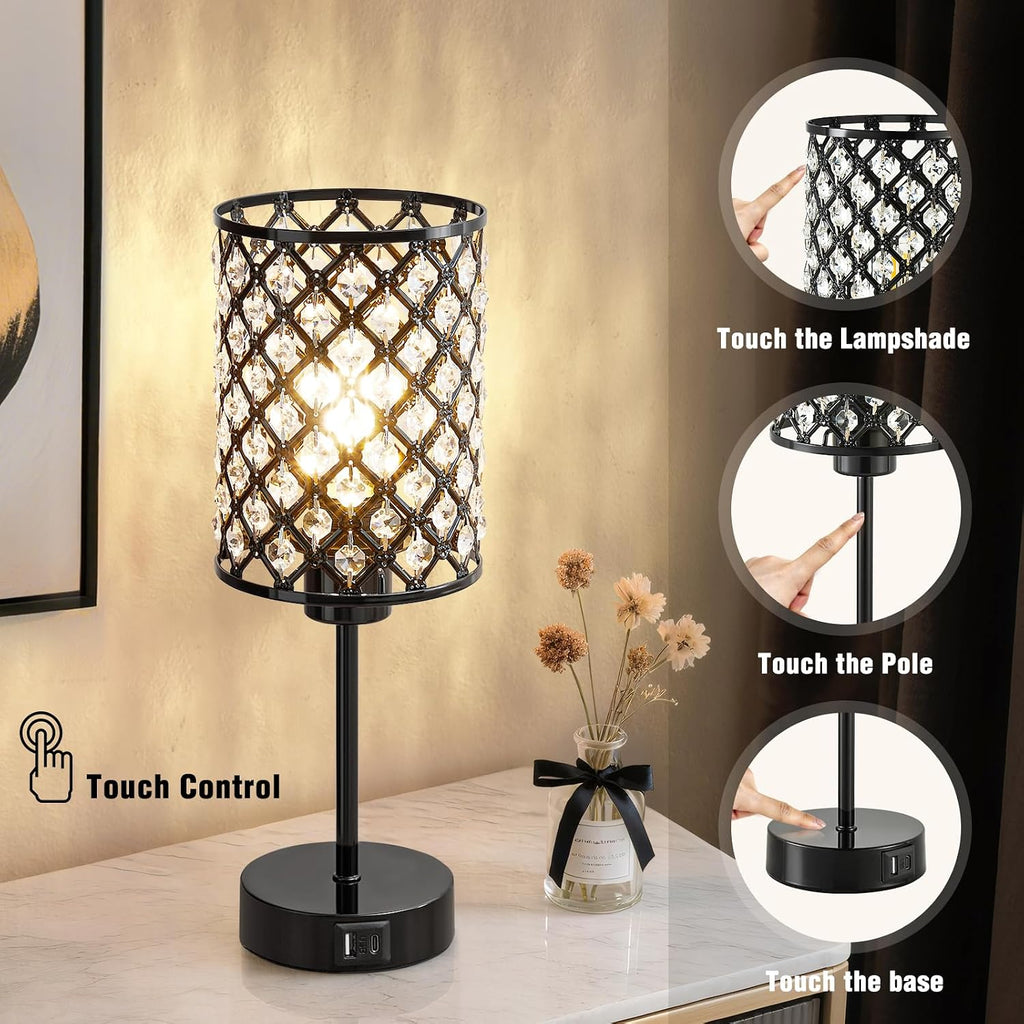 GyroVu Black Crystal Bedside Table Lamps Set of 2 with USB C+A Ports