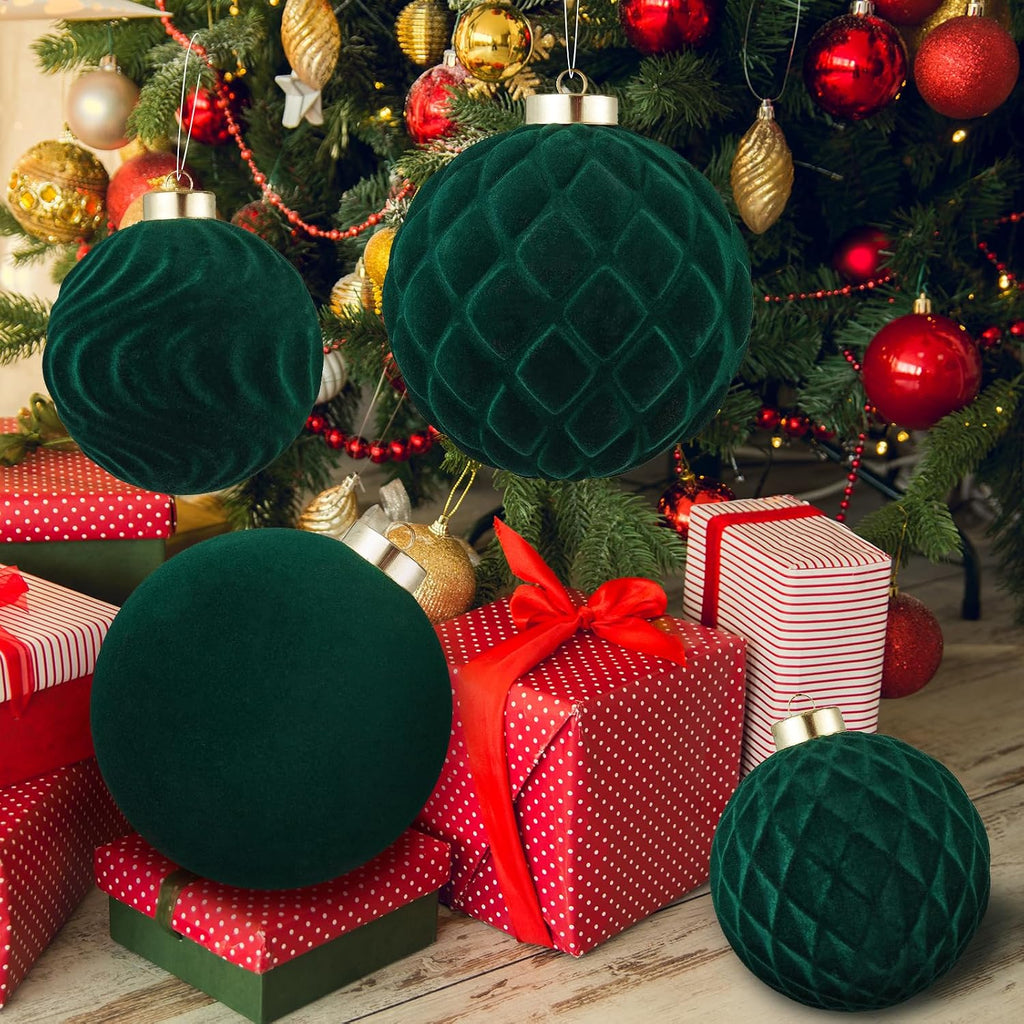 Large Velvet Christmas Ball Ornaments - 4 Inch Flocked Christmas Balls Shatterproof Decorative Hanging Ornaments Set for Xmas Tree Holiday Wedding Party Decor (Dark Green, 4pcs)