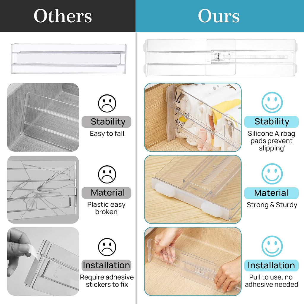 Vtopmart 4 Pack Drawer Dividers for Clothes, 4" High 10.2"-16.5" Adjustable Expandable Dresser Drawer Organizer, Clear Plastic Separators for Dresser, Baby Clothing, Underwear, Cosmetic, Toiletries