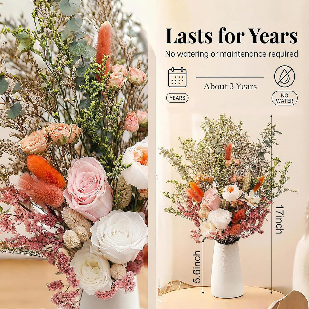 17" Dried Flower Bouquets with Vase Included, 100% Natural Dried Flowers with Forever Pink Roses,Bunny Tails,Eucalyptus Rustic Boho Decor for Home,Party Fall Decor