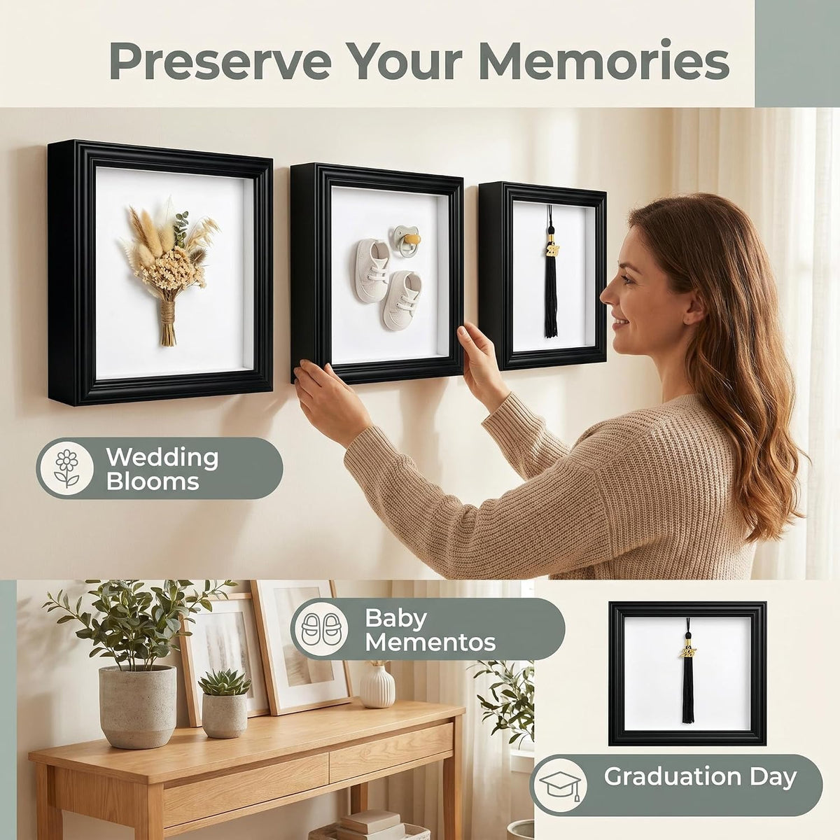 3 Pcs 8x10 Shadow Box Frame with Shatter-Resistant Glass - 1.2" Deep