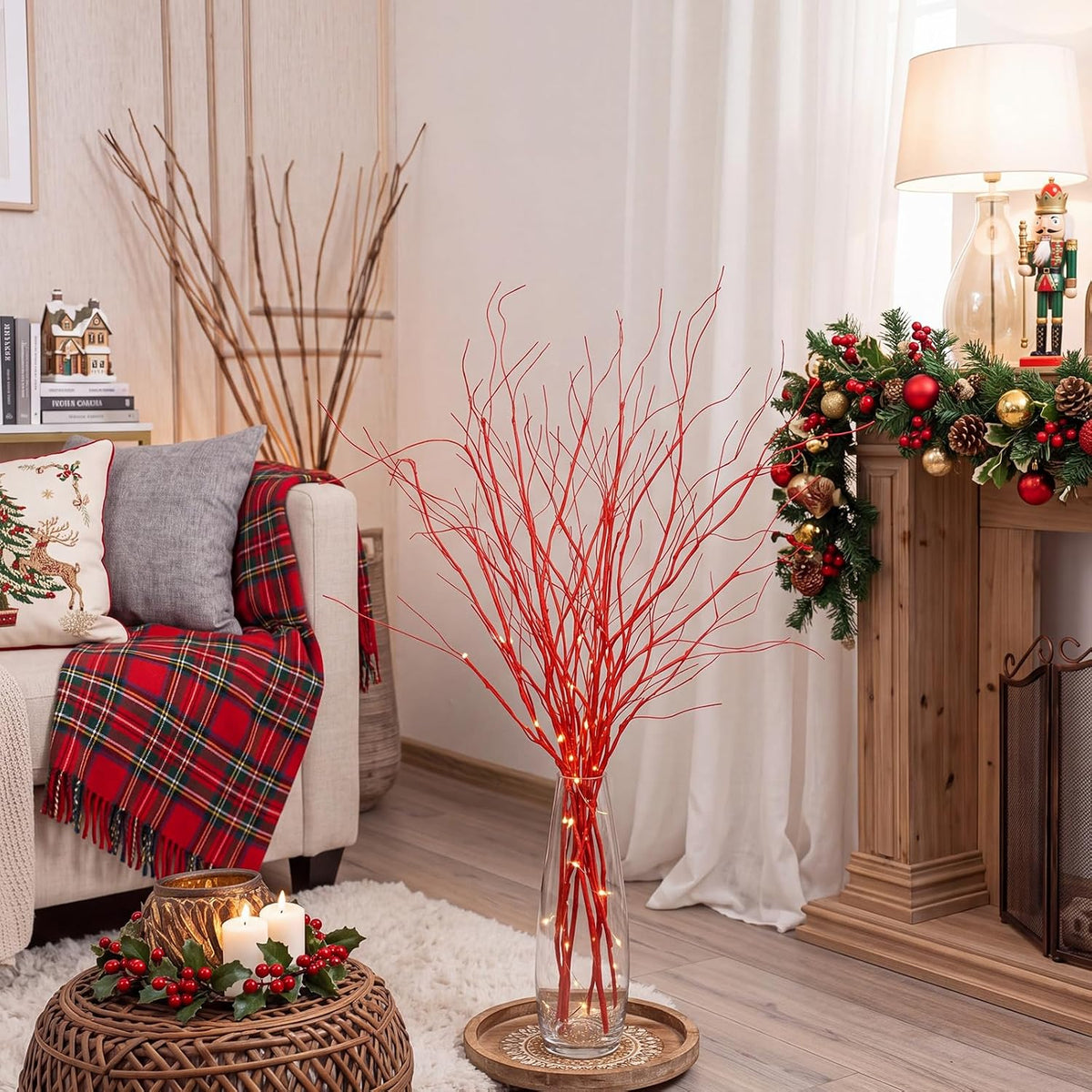 Wavwavw 10 Pcs Christmas Artificial Red Twig Branches, 30 Inch