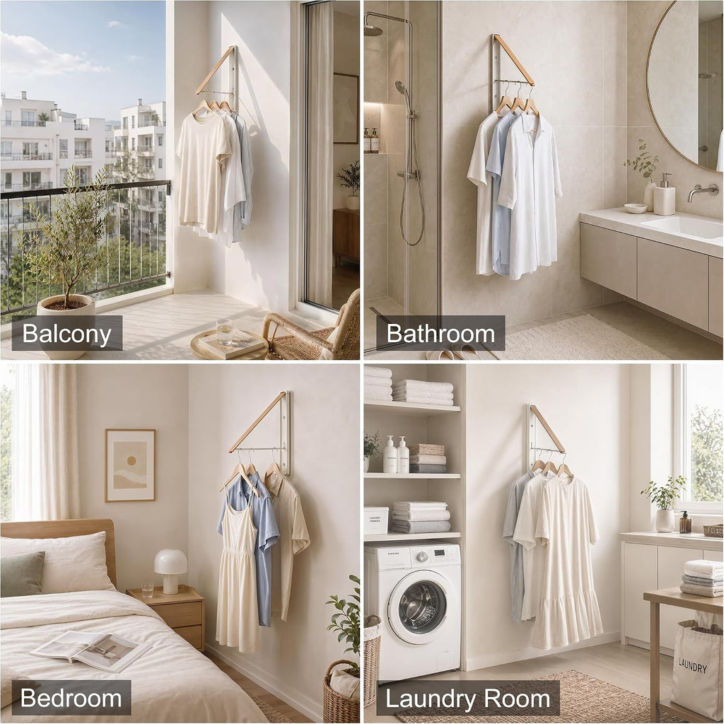 LEQ Clothes Drying Rack Wall Mounted, Foldable Laundry Drying Rack with Wood-Tone Aluminum Frame, Rustproof Retractable Clothes Hanger for Small Laundry Room, Bathroom, Balcony,White