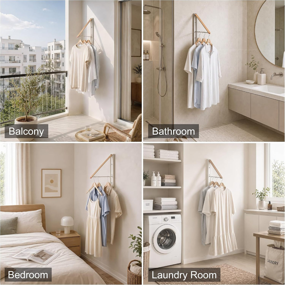 LEQ Clothes Drying Rack Wall Mounted, Foldable Laundry Drying Rack with Wood-Tone Aluminum Frame, Rustproof Retractable Clothes Hanger for Small Laundry Room, Bathroom, Balcony,White
