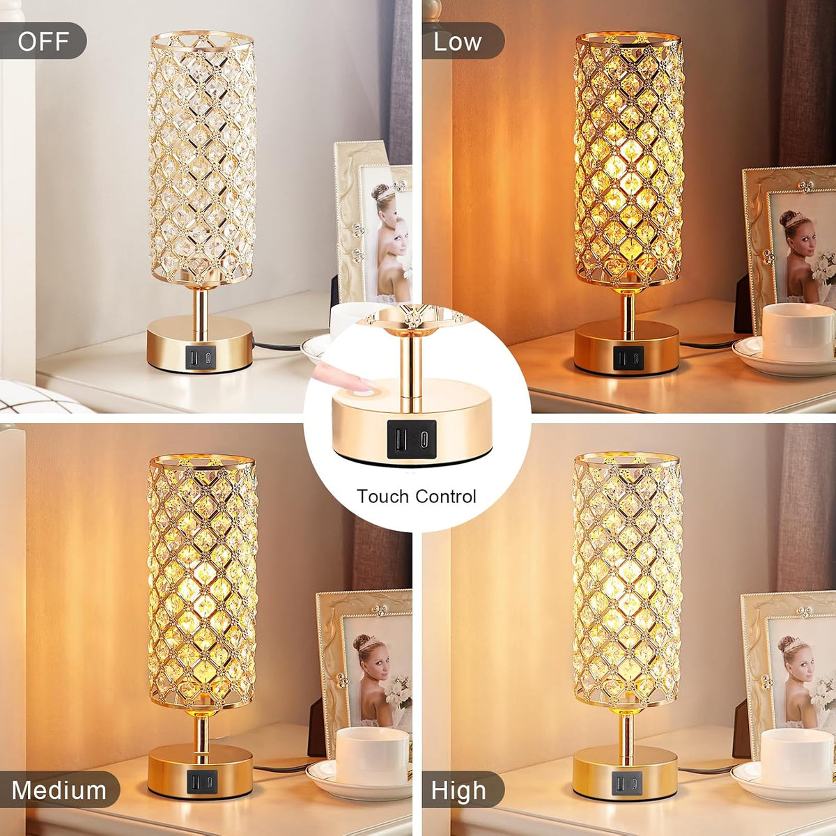 Hong-in Gold Crystal Touch Lamp for Bedroom with USB-C/A, Bulb Included