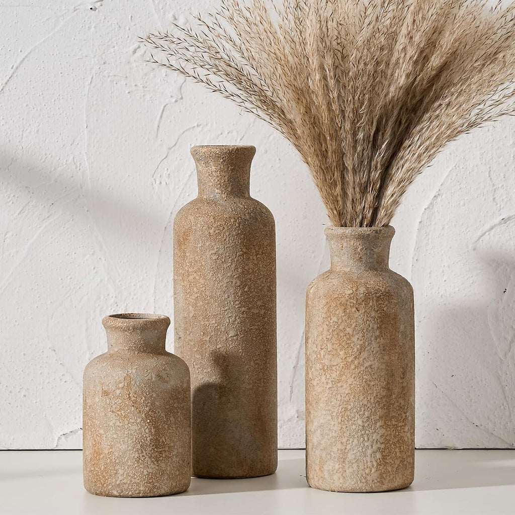 Ceramic Rustic Farmhouse Vase Set of 3,Terracotta Vases for Home Decor