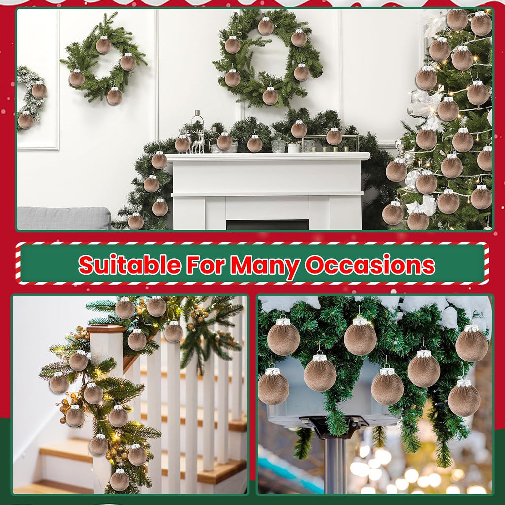 Velvet Christmas Balls Set 30pcs Champagne Velvet Christmas Tree Ornaments Shatterproof Xmas Hanging Balls Decorative Hanging for Xmas Holiday Family Home Store Indoor Decor 2.4inch
