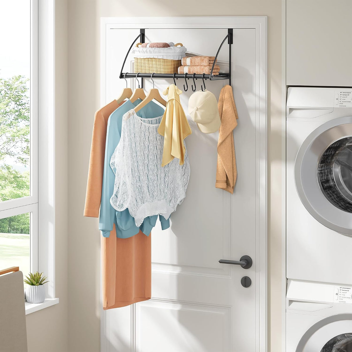 Tajsoon Over the Door Hanger with Storage Rack and 6 Hooks, 16.54" Black