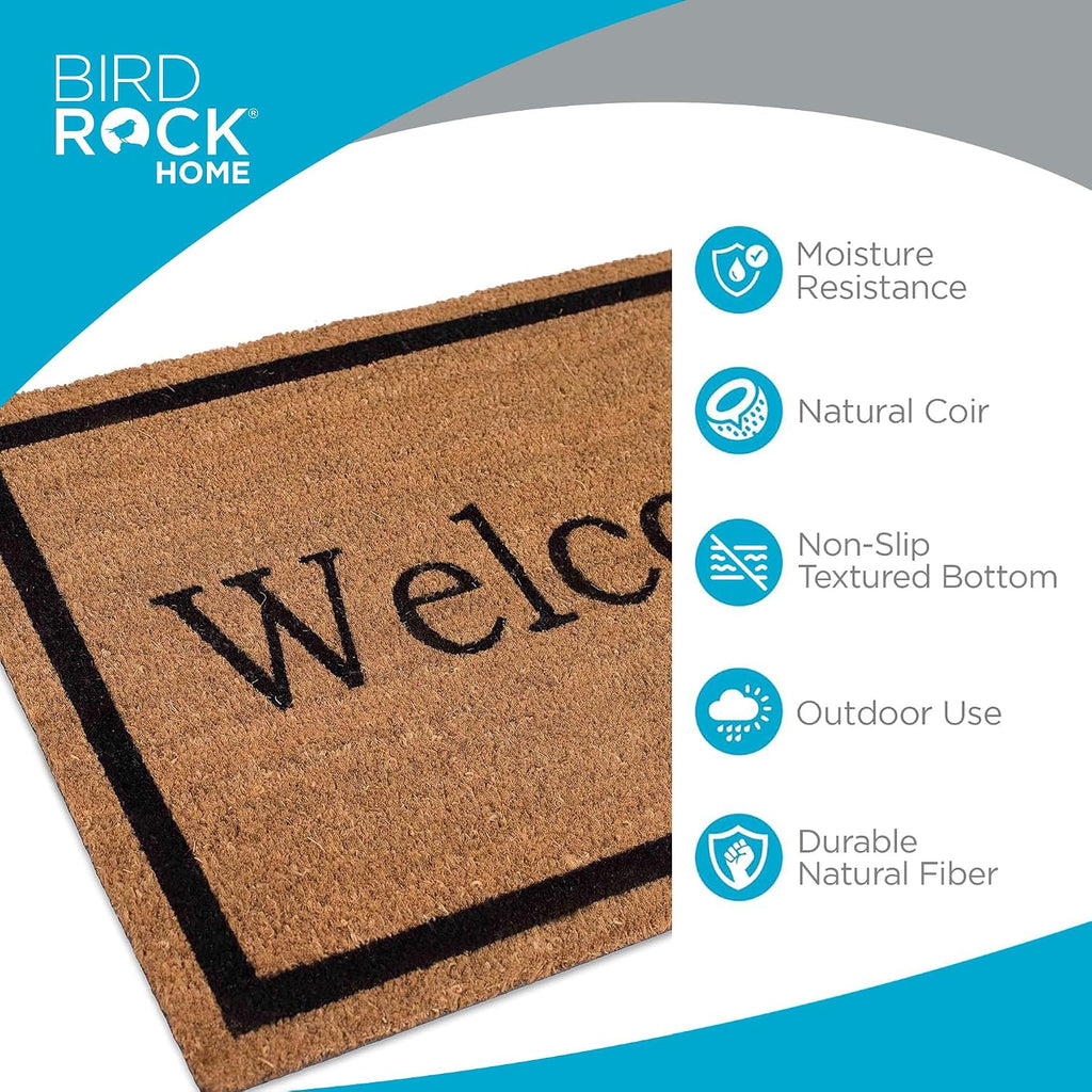 BIRDROCK HOME Welcome Coir Doormat | 18 x 30 Inch | Standard Welcome Mat with Black Border and Natural Fade | Vinyl Backed | Outdoor