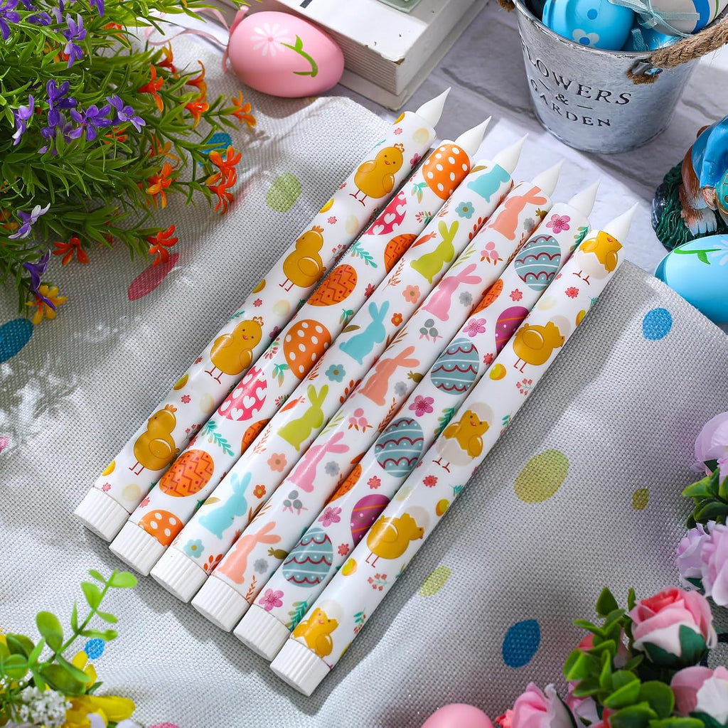 6Pcs Easter Taper Candles – 10.6" Battery Operated Flameless LED Candles with Bunny, Chick & Egg Patterns, Flickering Flame, Safe Spring Decor for Table Centerpiece, Party & Home Decor