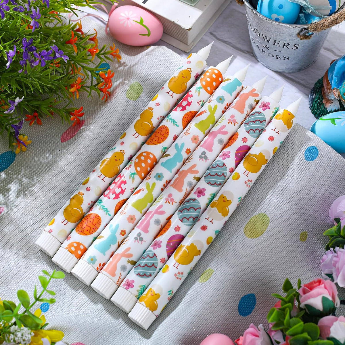 6Pcs Easter Taper Candles – 10.6" Battery Operated Flameless LED Candles with Bunny, Chick & Egg Patterns, Flickering Flame, Safe Spring Decor for Table Centerpiece, Party & Home Decor