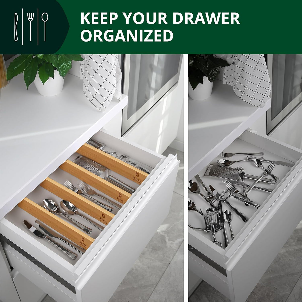 Bamboo Drawer Dividers Organizers, Adjustable Drawer Separator Splitters, 17–22 Inches Expandable Drawer Divider Organizer for Large Utensils, Kitchen, Bedroom, Dresser & Office Drawers 4-Pack