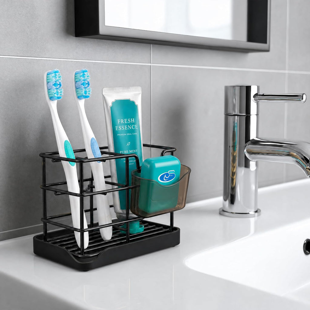 HBlife Toothbrush Holders for Bathrooms Black, Small Stainless Steel Bathroom Toothbrush Holder with Tray, Bathroom Accessories and Apartment Essentials
