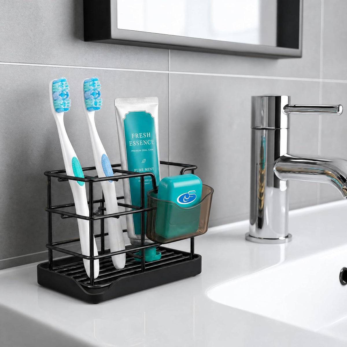 HBlife Toothbrush Holders for Bathrooms Black, Small Stainless Steel Bathroom Toothbrush Holder with Tray, Bathroom Accessories and Apartment Essentials