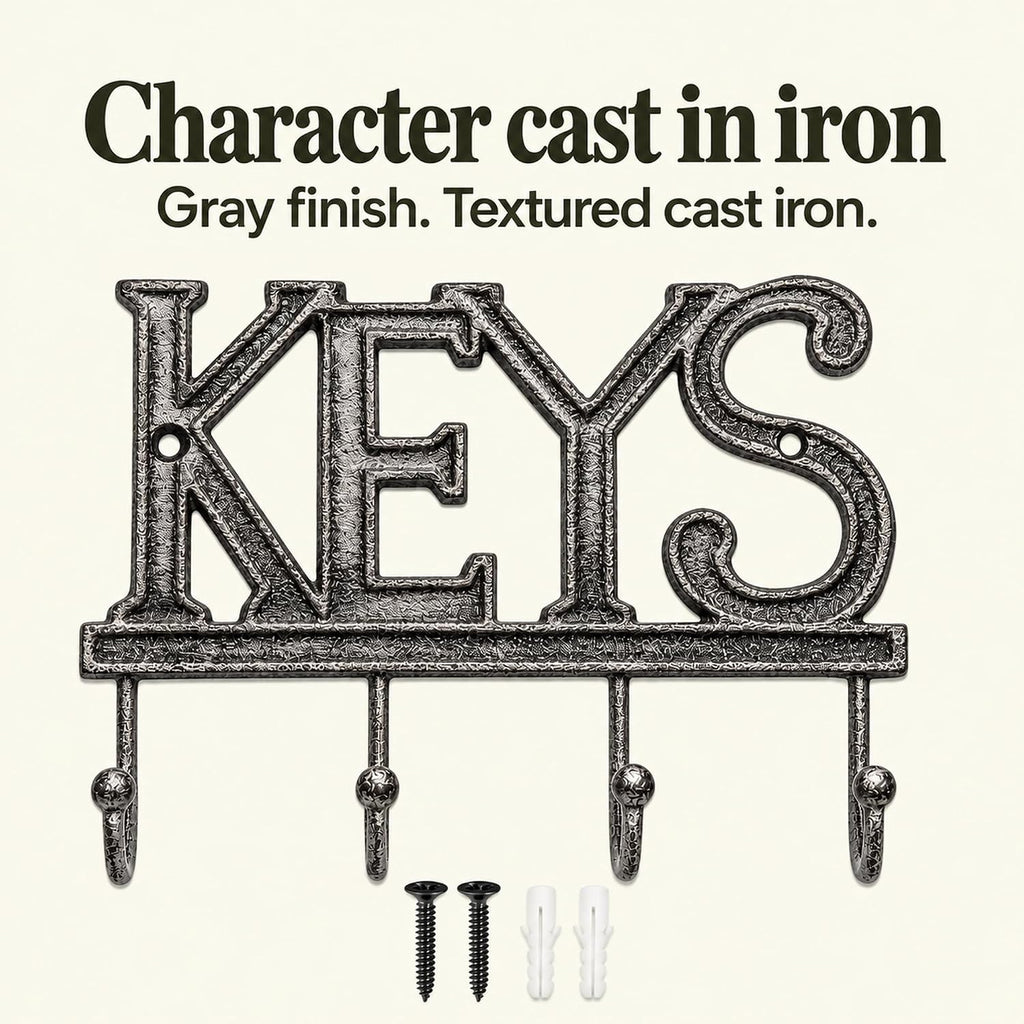 Comfify Gray Cast Iron Key Holder for Wall – Keys Sign with 4 Hooks