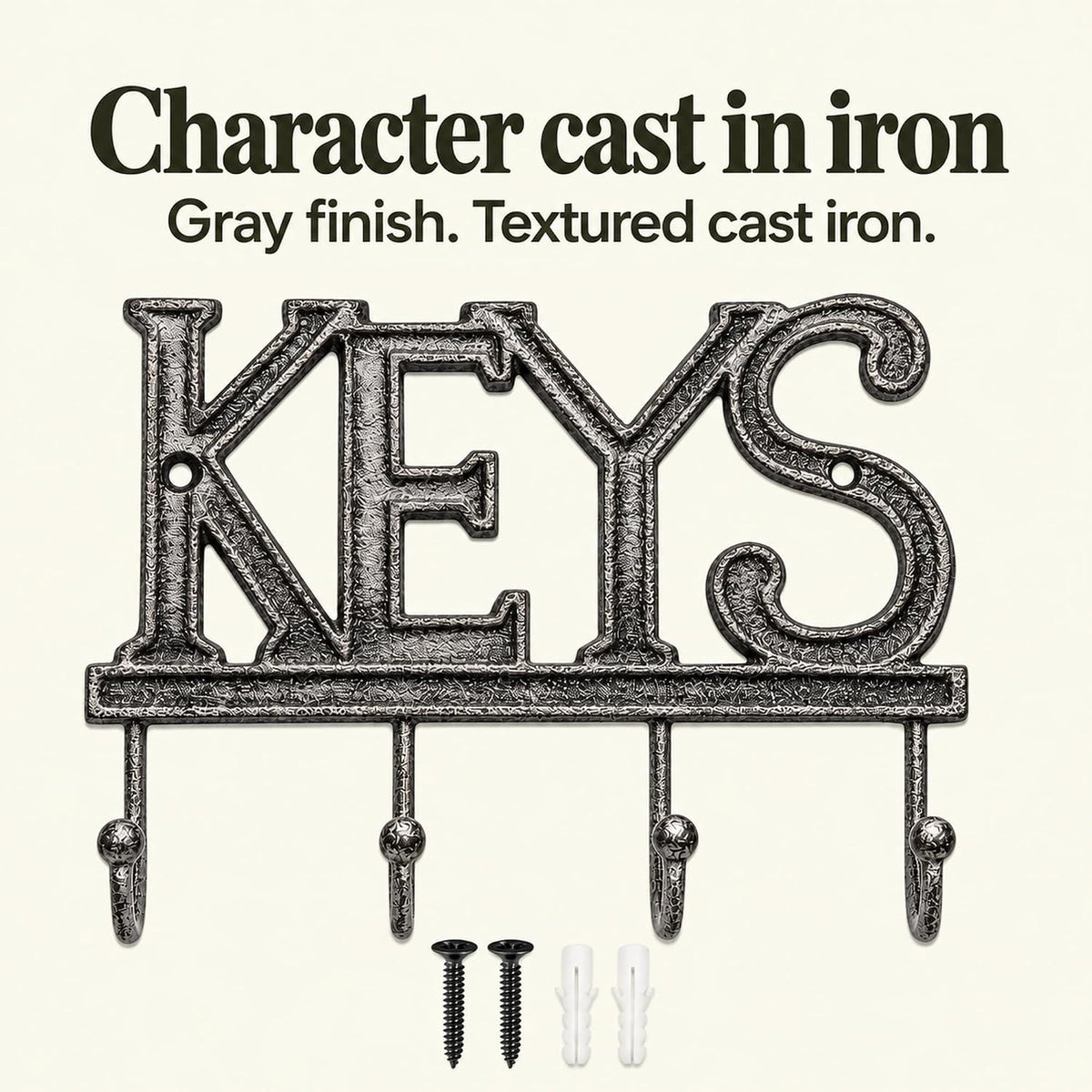 Comfify Gray Cast Iron Key Holder for Wall – Keys Sign with 4 Hooks