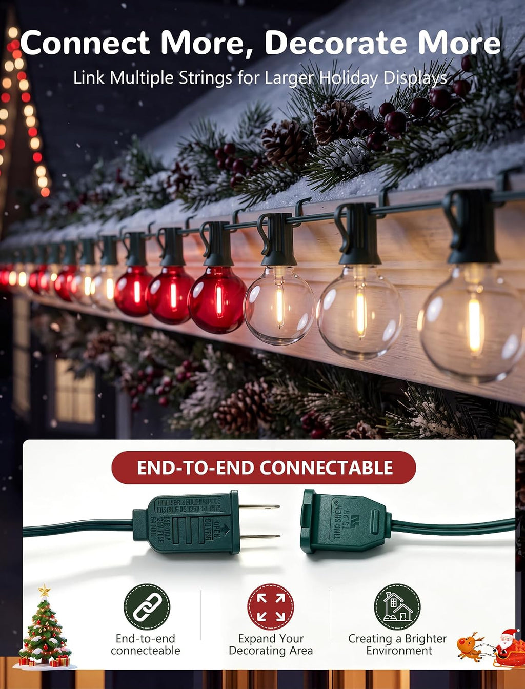 50FT LED G40 Red and White Christmas String Lights Outdoor, 27 Globe Bulbs