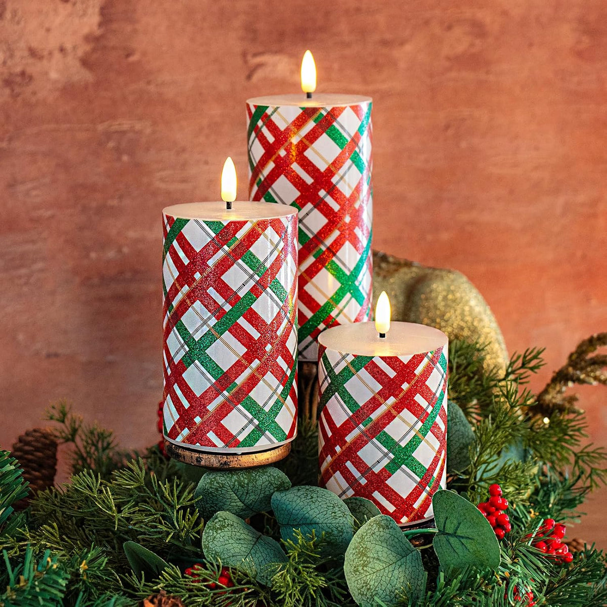 Christmas LED Flameless Candles, Red Green Striped Real Wax Candles with Timer, Battery Operated Pillar Set of 3 for Home Christmas Party Decor (D3 x H4 5" 6")