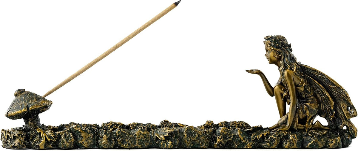 Top Collection Fairy and Mushroom Incense Holder-Hand Painted Mythical Creature with Bronze Finish Look - 10-Inch Collectible Figurine
