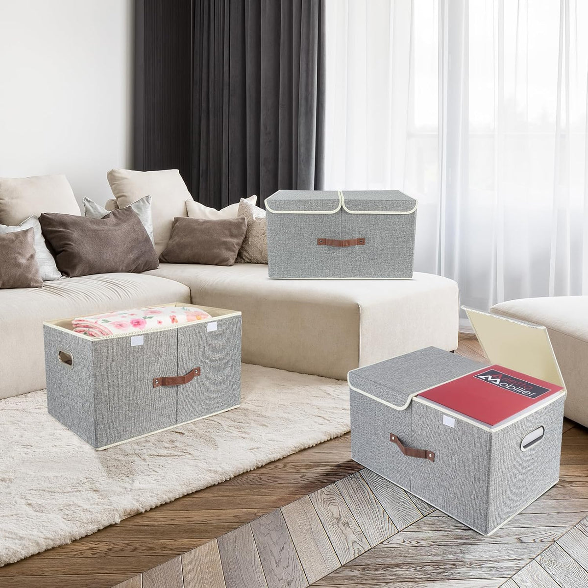 TYEERS Extra Large Collapsible Storage Bins with Lids and Compartments, Washable, Fabric Storage Boxes, 21.7x13x11.8 inches, 1 Pack, Gray