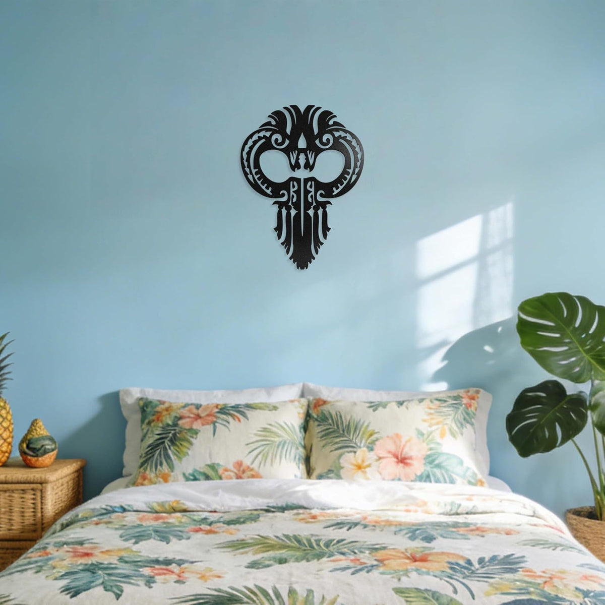 Zckjnoi Hawaiian Warrior Helmet Metal Wall Art – Matte Black Iron Tribal Wall Decor, Polynesian Warrior Mask Sculpture for Living Room, Entryway or Outdoor Wall, 15.75 x 11.81 in