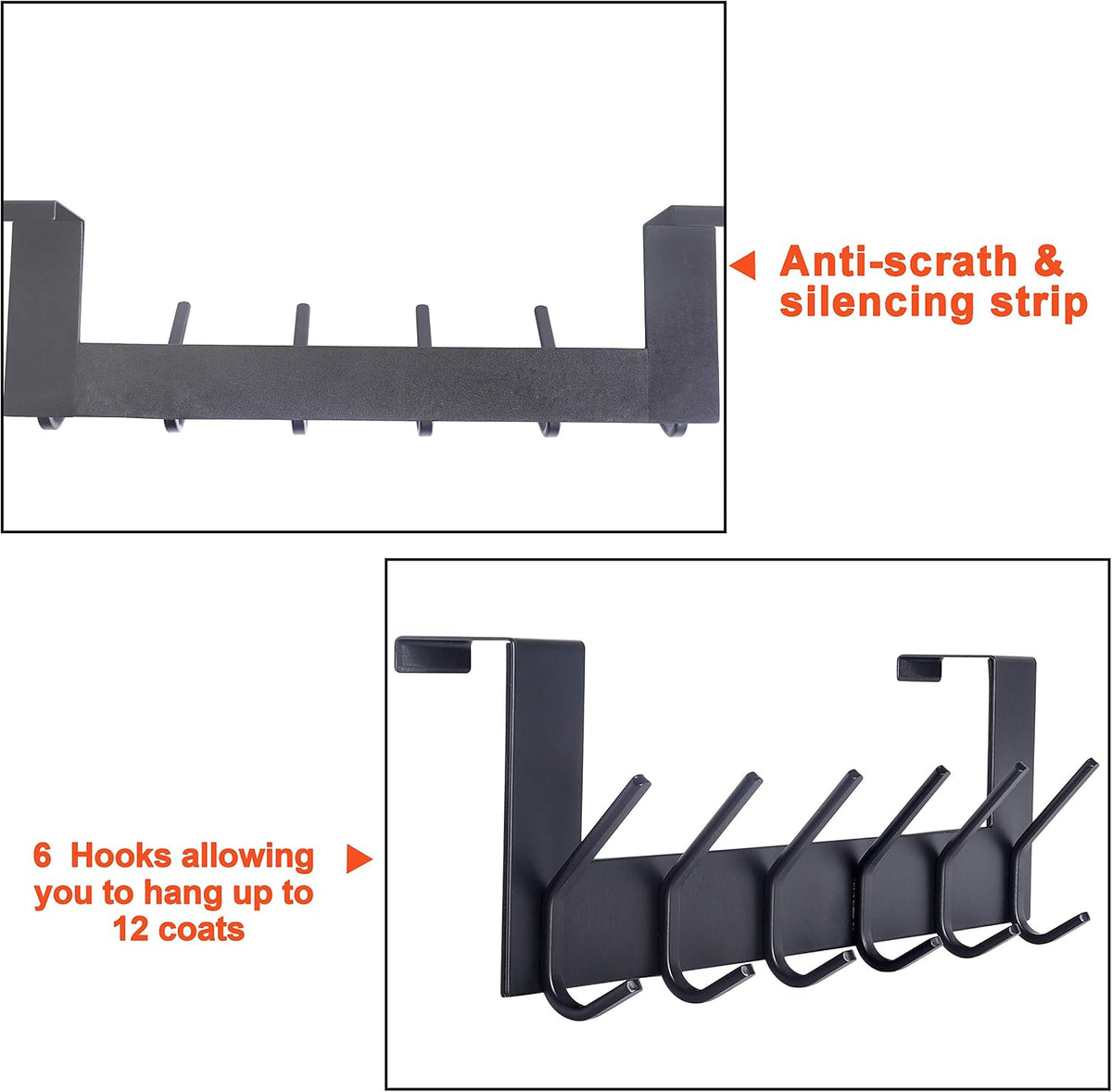 SKOLOO Over The Door Hook - for Doors up to 1-3/4'' Thickness, Black, No Assembly Required, Stainless Steel, Door Coat Rack for Entryway & Bathroom Hanging Coats, Backpack, Robes, Towels, Pack of 2