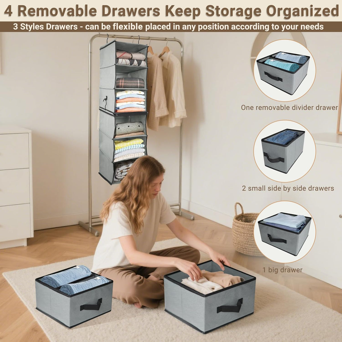 2-in-1 Durable 6-Tier Hanging Shelves Closet Organizer with 4 Removable Drawers,2 Separable 3-Shelf Hanging Clothes Storage Organization Space-saving for Clothing Rack,Bedroom,Bathroom,Guestroom,Dorm