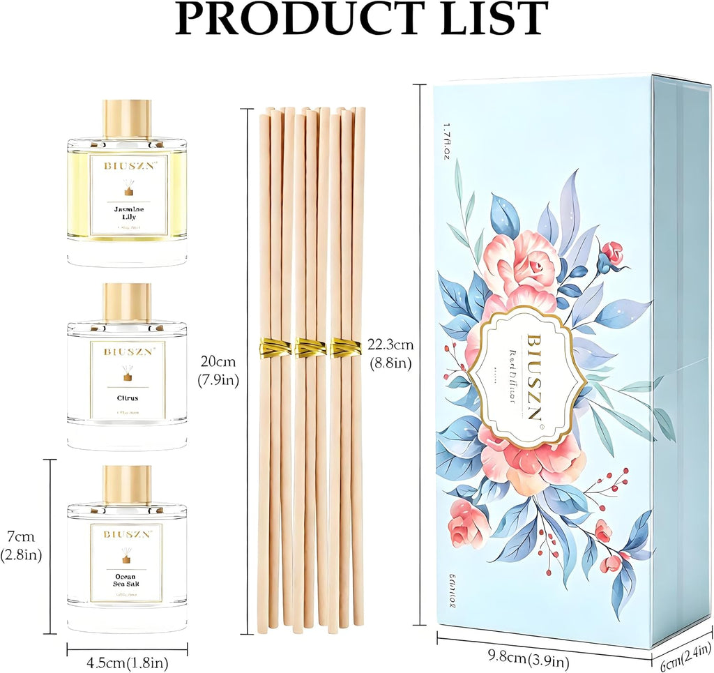 Reed Diffuser Set of 3, 50 ml Jasmine Lily/Citrus/Ocean Sea Salt