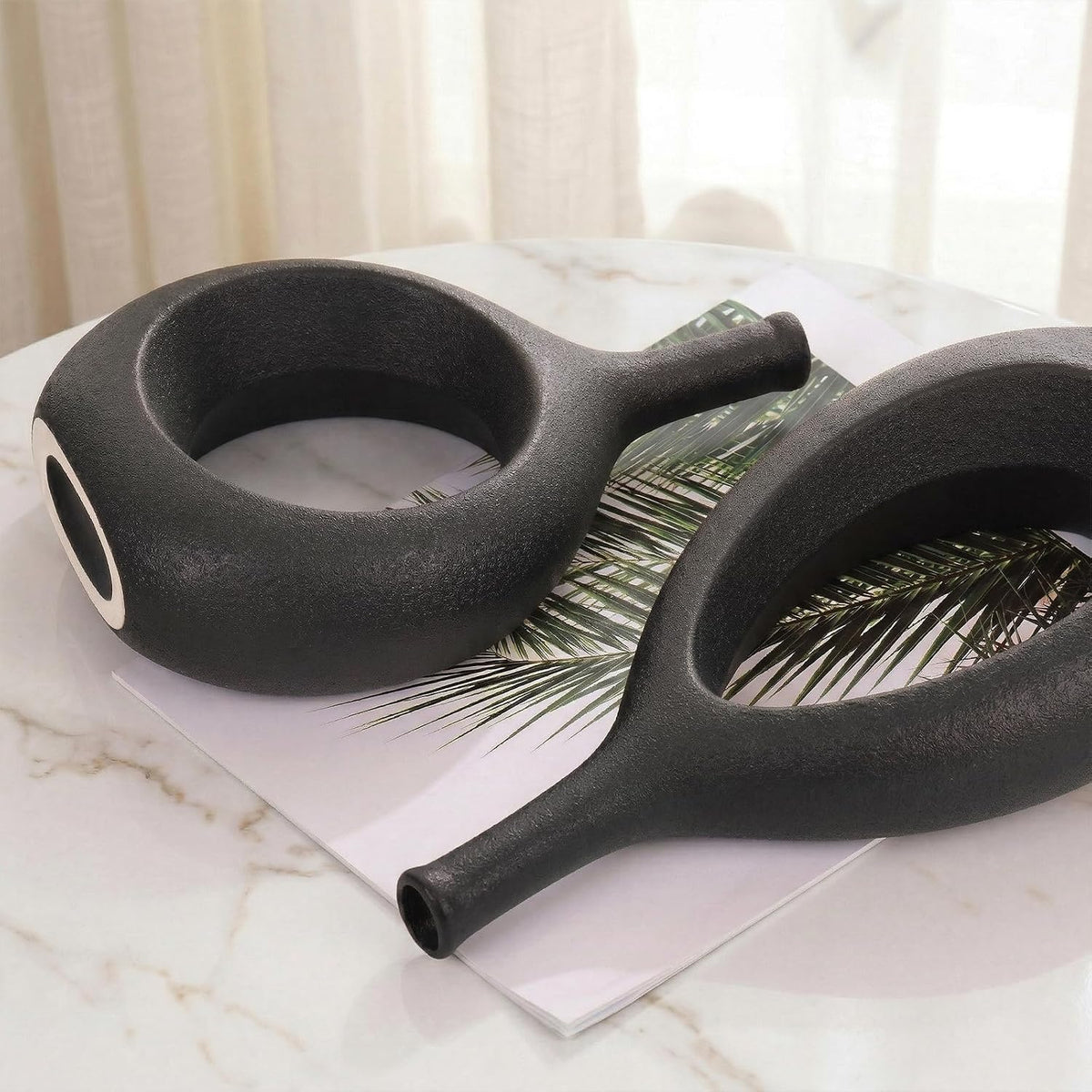 Black Ceramic Hollow Elliptical Vase Set of 2 - Boho Circle Vase with Hole, for Modern Black Table Decor, Living Room Decor Shelf mid Century Modern Home Entrance Decorative vase
