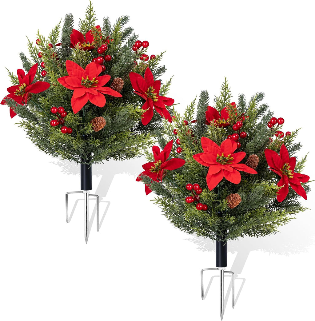 Artificial Christmas Cypress Poinsettia Flower Topiary Shrubs, Faux Greenery Ball Bush for Christmas Decoration,24.8" Fake Tree with Ground Spike,UV Resistant Plants for Front Porch Decor,Set of 2
