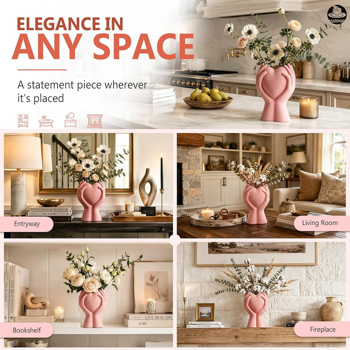 8 Inch Heart Hand White Ceramic Vase - Unique Modern Aesthetic Flowers Vase for Living Room Bedroom Office Kitchen Table Centerpiece or Shelf Decor - Gifts for Wedding Bridal Shower Women Mom (Pink)