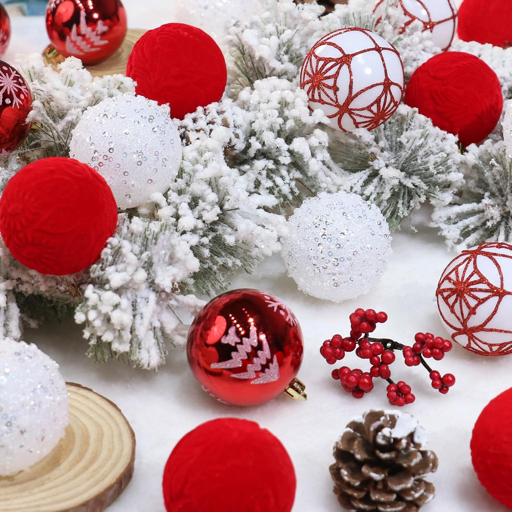 25PCS 2.36In Velvet Red/White Christmas Ball Tree Ornaments Decorations Set