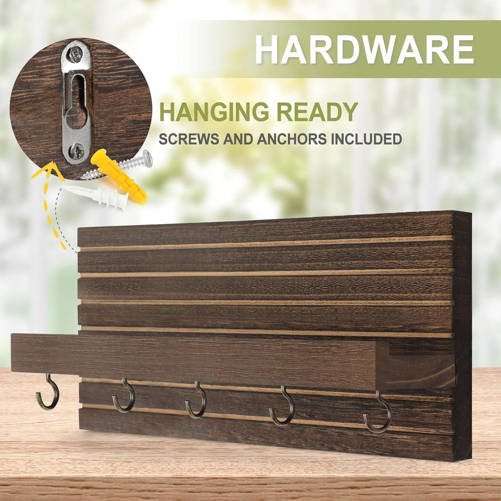 Lwenki Decorative Key Holder for Wall with Shelf, Entryway Shelf with Hooks Holds Leashes, Jackets and Glasses – Sturdy Wood Keyholder Entrance Hanger with Mounting Hardware (Brown, Medium)