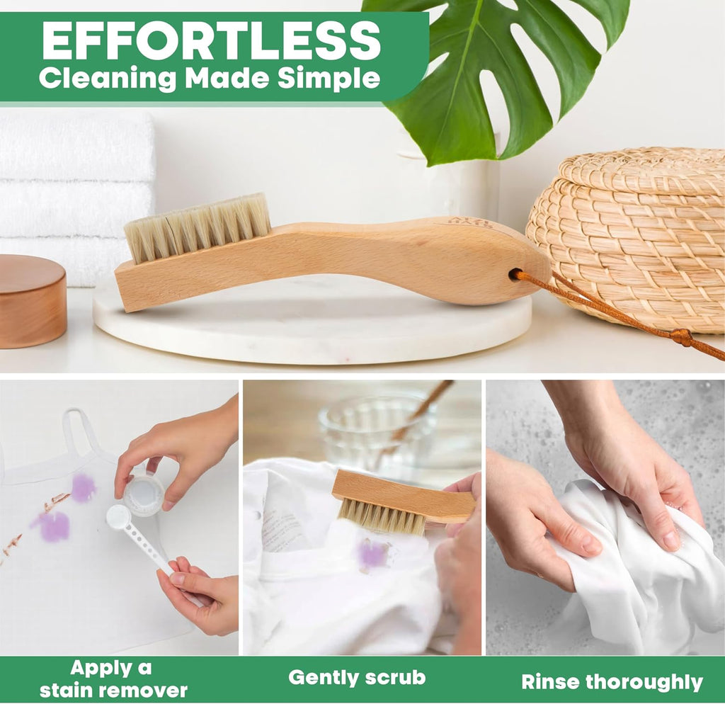 Laundry Stain Brush with Soft Boar Bristles for Delicate Fabrics