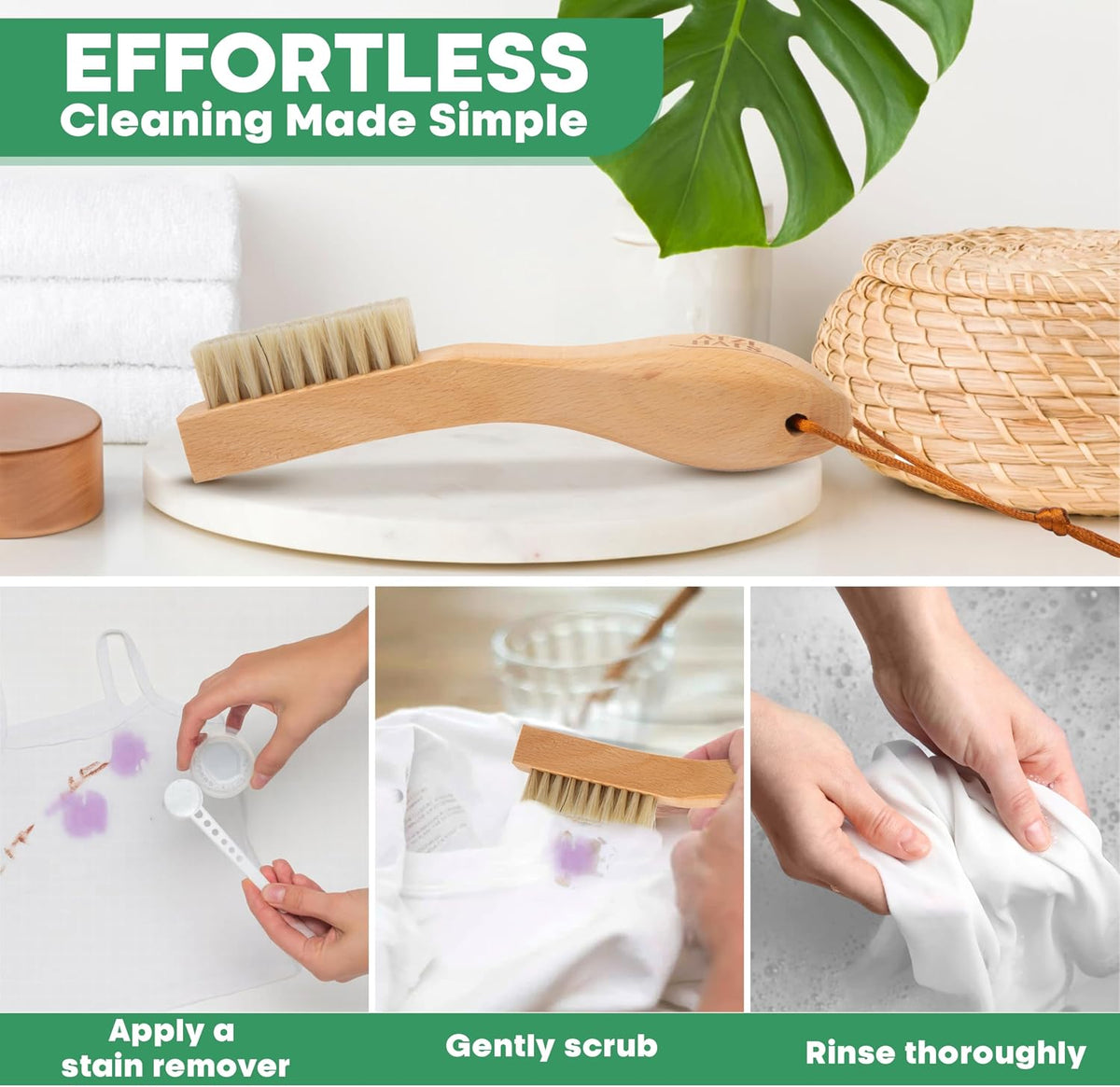 Laundry Stain Brush with Soft Boar Bristles for Delicate Fabrics