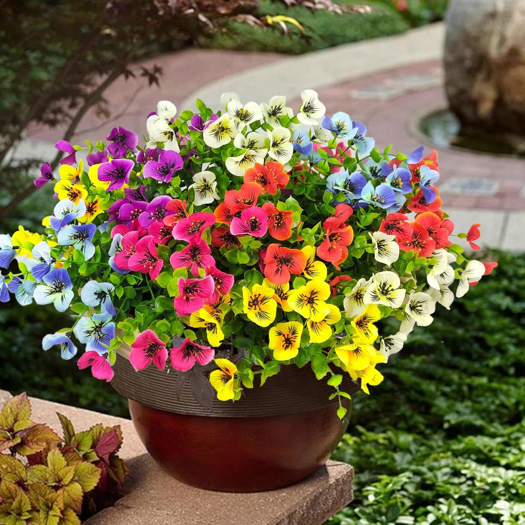 Pansies Artificial Flowers for Outdoors 12 Bundles Fake Silk Pansy Faux Plastic Plants UV Resistant for Home Outside Garden Planter Front Door Porch Yard Patio Decor (Mixed Color)