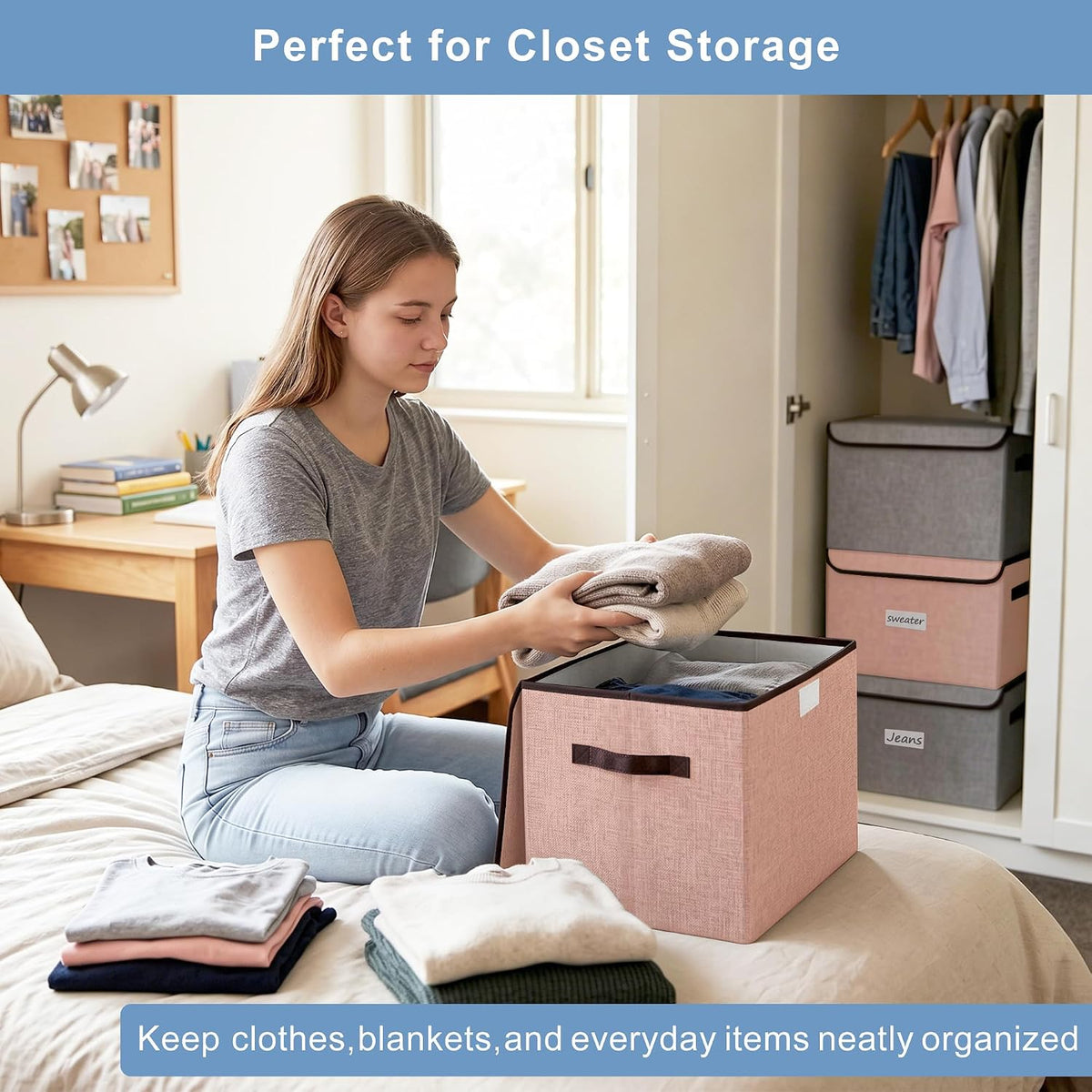 Bagnizer Linen Fabric Foldable Storage Cube Bin Organizer Basket with Flip-Top Lid & Handles, Large Clothes Blanket Box for Home, Office, Closet, Gray & Pink, 4 Pack 14.6 x 9.5 x 9.5”