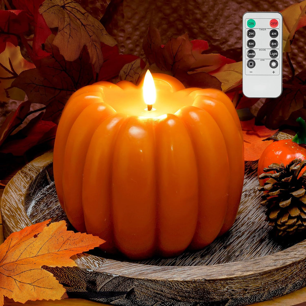 JOIONE Fall Flameless Orange Pumpkin Candle with Remote, Halloween Decor