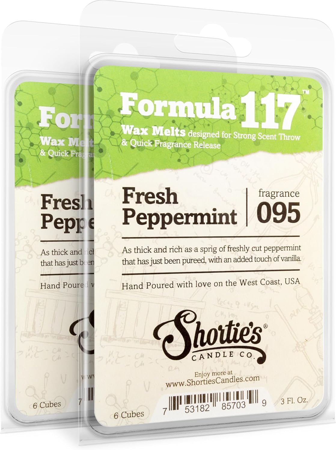 Shortie's Candle Company Fresh Peppermint Premium Wax Melts 2 Pack - 6 Oz., Strong & Long Lasting, Non-Toxic - Made with Essential & Natural Oils - Formula 117