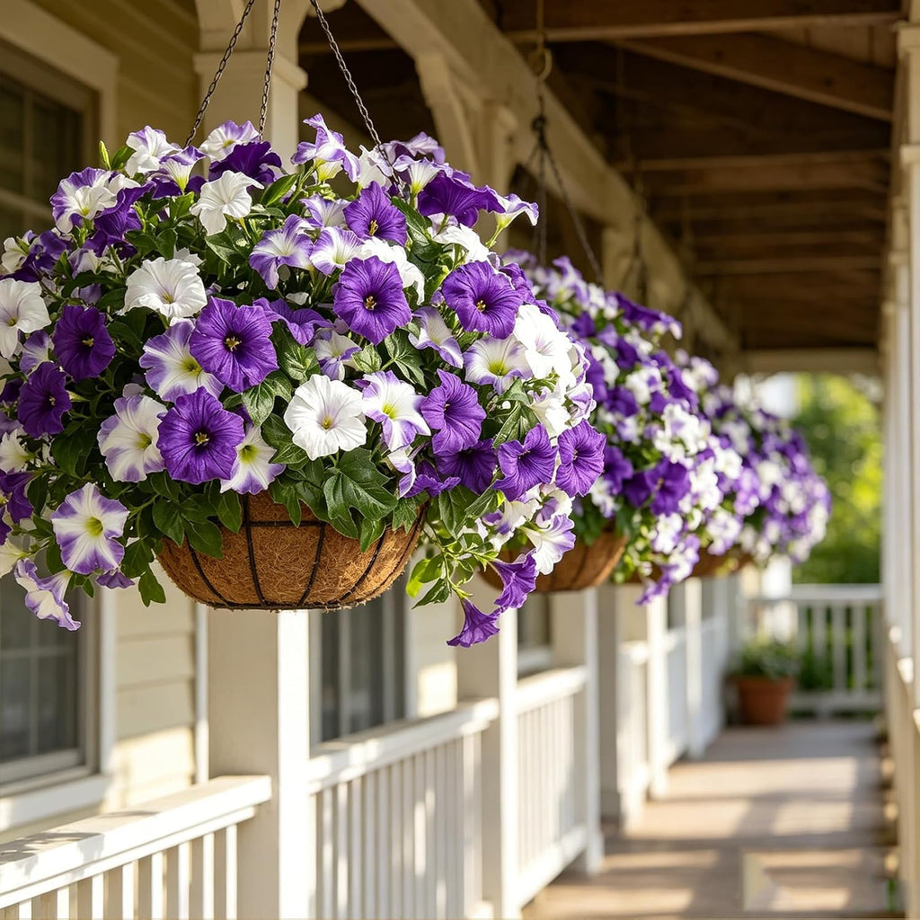 Artificial Flowers for Outdoors, Faux Petunias Spring Summer Decoration, Fake Flowers Plants UV Resistant Look Real Silk Flowers for Outside Planter Front Door Porch Patio Yard (Purple+White)