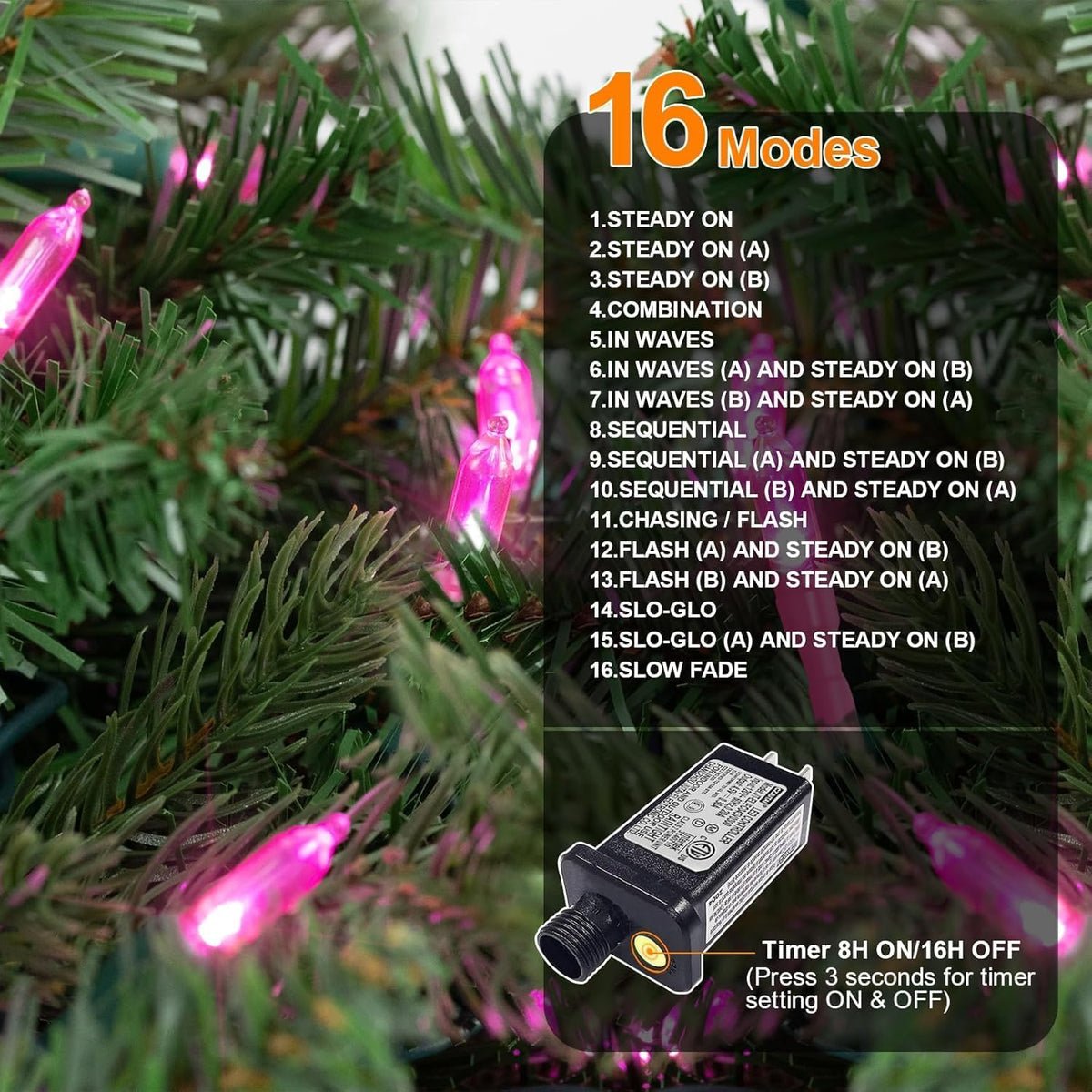 LAMPHOME 300 LED Pink Christmas String Lights, 99FT 16Modes Valentine Room Lights, connectable Plug in Indoor Outdoor for Christmas Bedroom Valentines Party Decoration