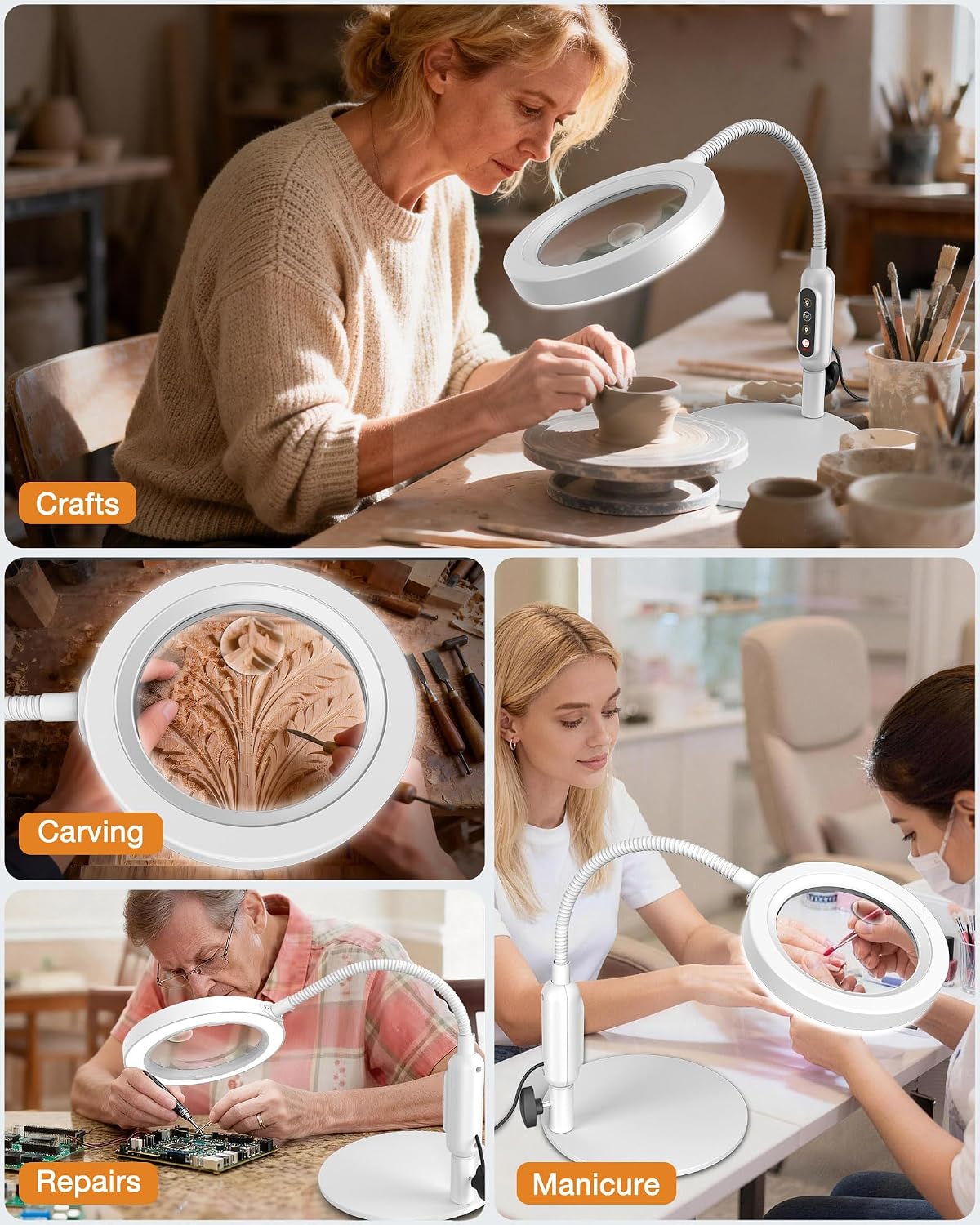 30X 10X Magnifying Glass with Light and Stand, 5 Color Modes Stepless Dimmable, Optical Grade HD Lens, LED Lighted Magnifier Hands Free with 16in Flexible Gooseneck for Close Work - White