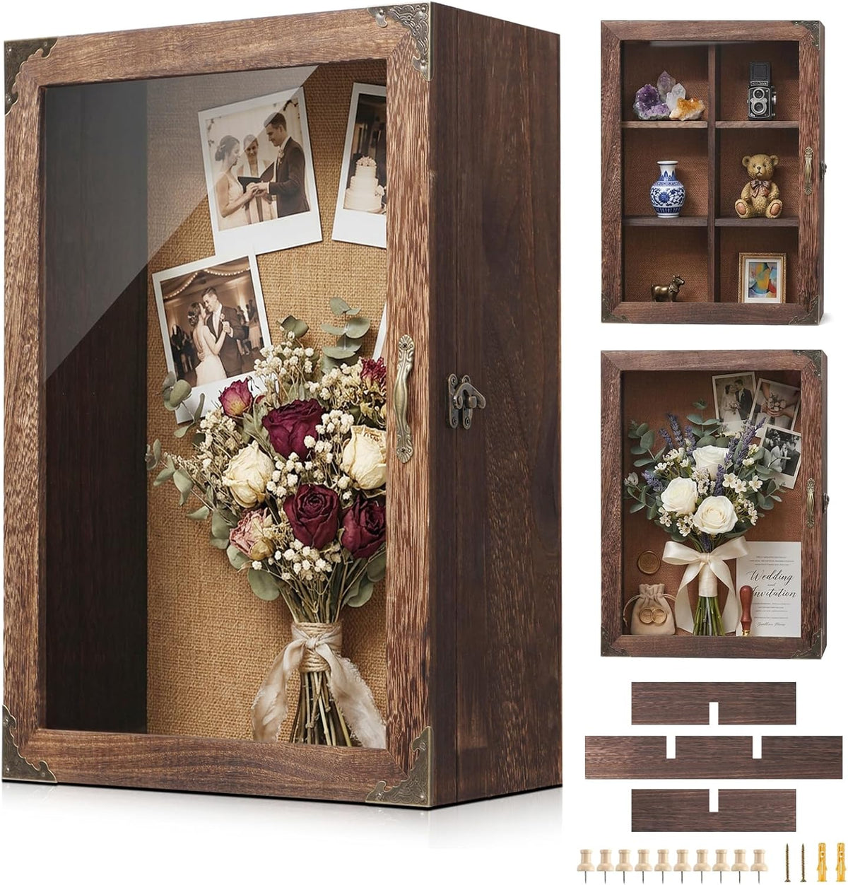 Shadow Box Frame 12x16, 4.7" Overall Depth, Display Case with Removable Shelves & 6 Compartments, Large Memory Box for Photos, Keepsakes, Wedding, Collectibles
