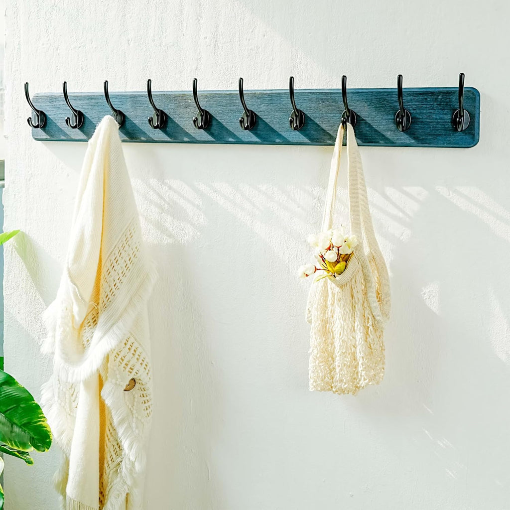 Dseap Coat Rack Wall: 38-1/4" Long, Patented, Heavy-Duty, 10-Double-Hooks Wooden Wall Mounted Coat Rack Coat Hanger Hook Rail for Winter Coats Hat Jacket Clothing, Weathered Blue, Pack of 2