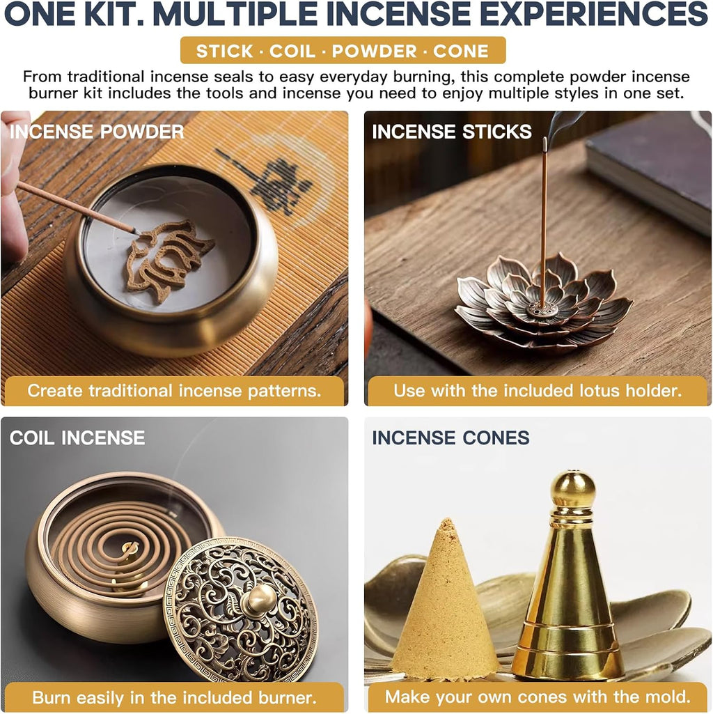 29 Pc Brass Incense Burner Kit for Powder Stick Cone Coil (Glod)