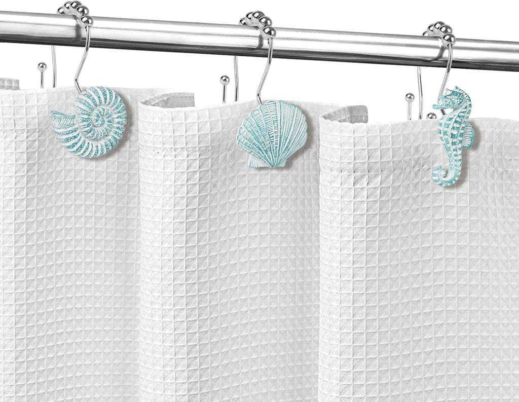 Sunlit Seashells Decorative Double Shower Curtain Hooks, Aqua Blue Ocean Creatures Coastal Shower Curtain Rings, Resin, Nautical Bathroom Decoration Beach Shower Curtain Hooks-12 Pack