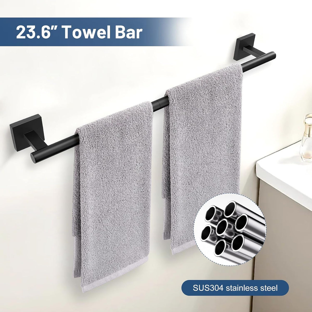 TURS 5-Pieces Matte Black Bathroom Hardware Set 23.6 Inch SUS304 Stainless Steel Towel Bar Set Wall Mounted Square Toilet Paper Holder with Shelf