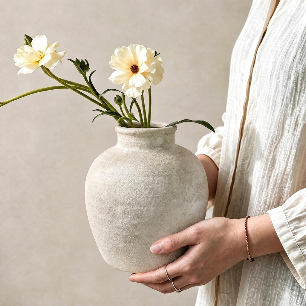 DomeStar Small Ceramic Flower Vase, 6.7 Inch Wabi-Sabi Stone Texture, Beige