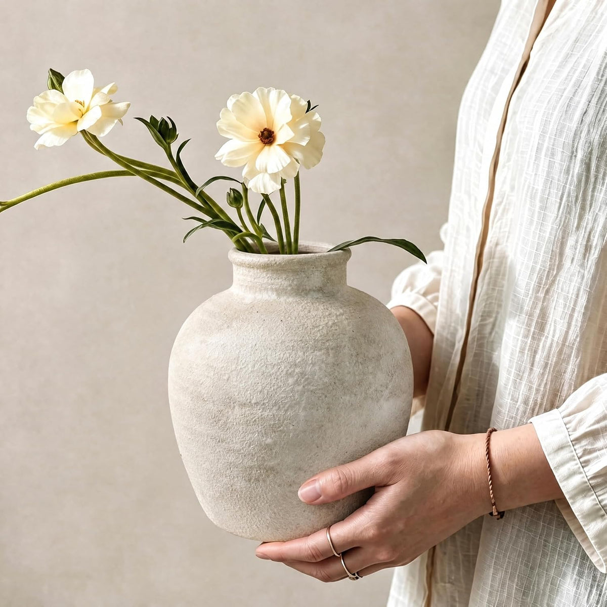 DomeStar Small Ceramic Flower Vase, 6.7 Inch Wabi-Sabi Stone Texture, Beige